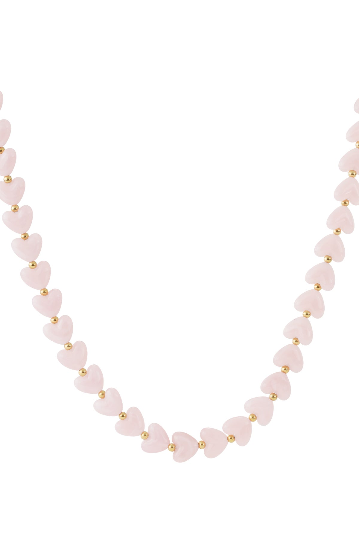 Light peach marbled heart bead necklace with gold spacers on white background