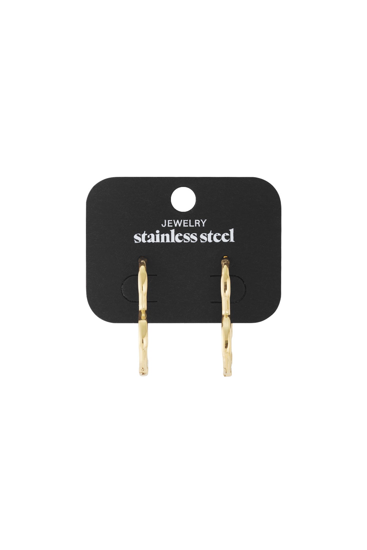 Coquette Vibe gold hoop earrings on a black stainless steel display card.