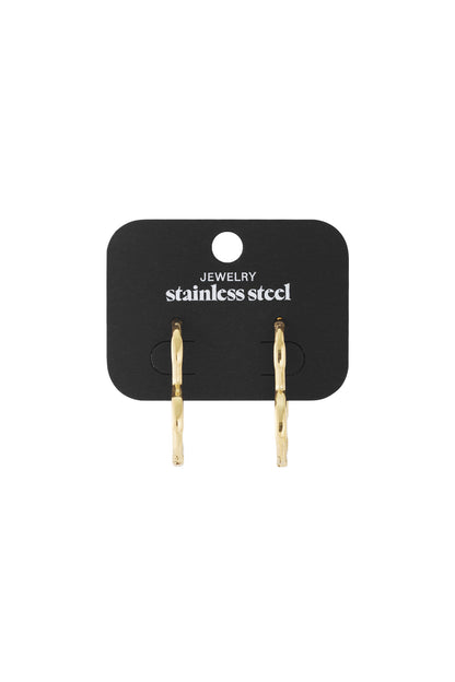Coquette Vibe gold hoop earrings on a black stainless steel display card.