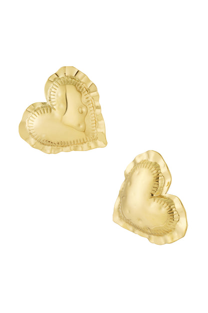Pair of gold-tone puffy heart shaped stud earrings with textured ridge detail on a white background