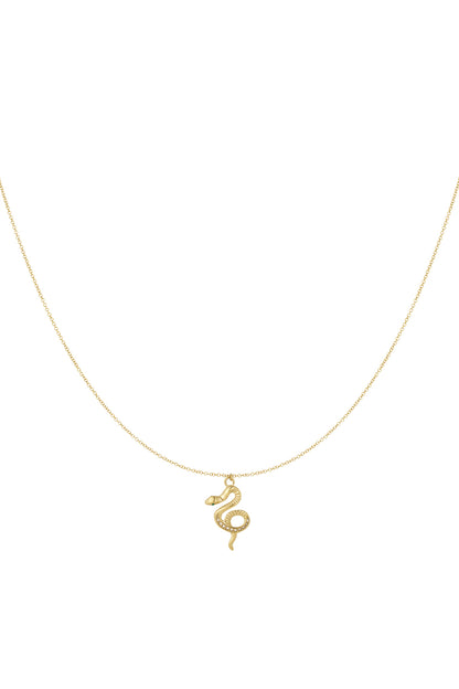 Gold snake pendant necklace on white background