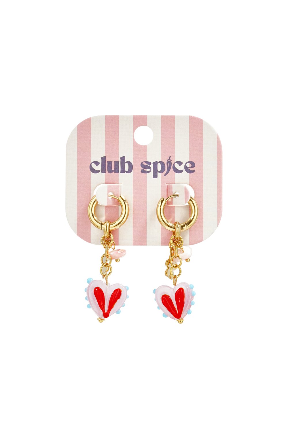 Gold hoop earrings with dangling, light pink heart charms featuring a red heart print and blue beaded edges.