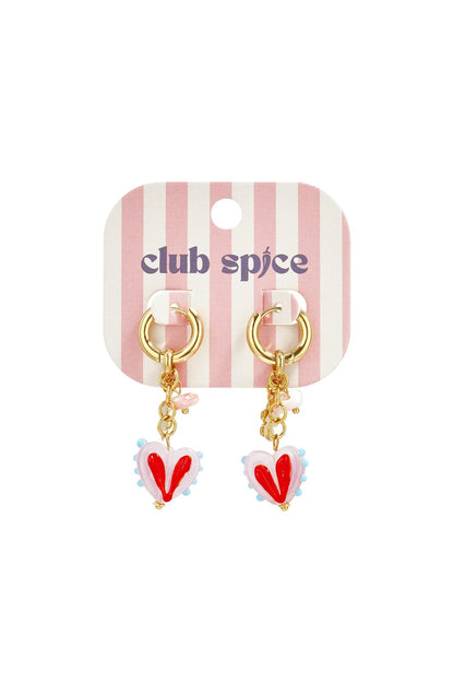 Gold hoop earrings with dangling, light pink heart charms featuring a red heart print and blue beaded edges.