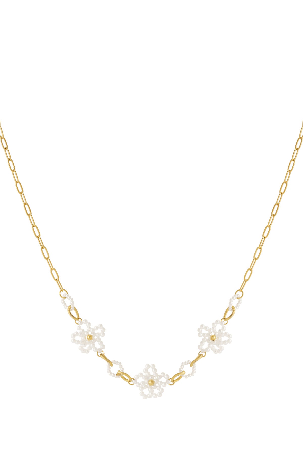 Gold-plated chain necklace with small white pearl flowers evenly spaced along the chain on a white background
