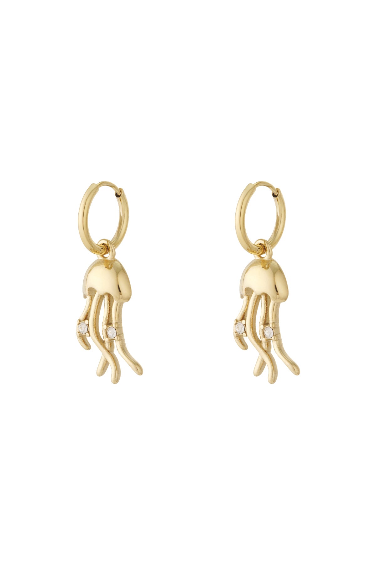 Pair of gold jellyfish drop earrings with rhinestone accents on white background