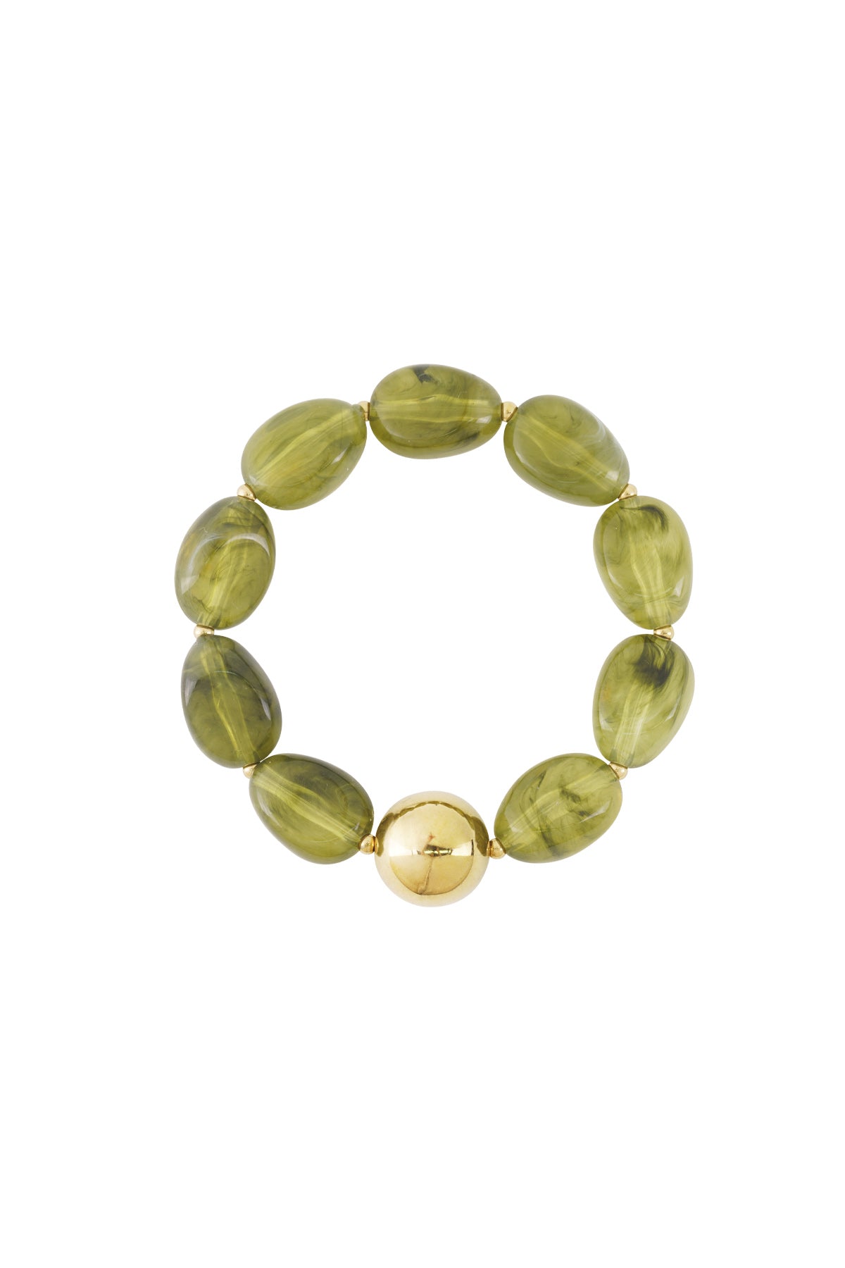 Green marbled acrylic beaded bracelet with central gold-tone bead on white background