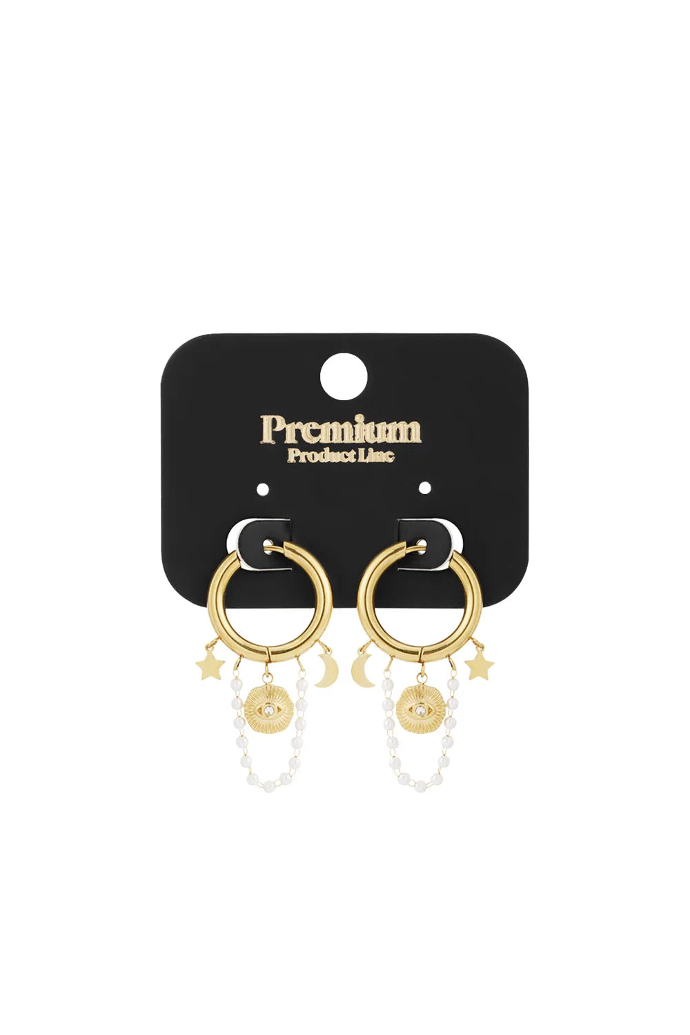 Gold hoop earrings with celestial star, moon, sun-eye charms, and delicate pearl chain drapes on a black display card.