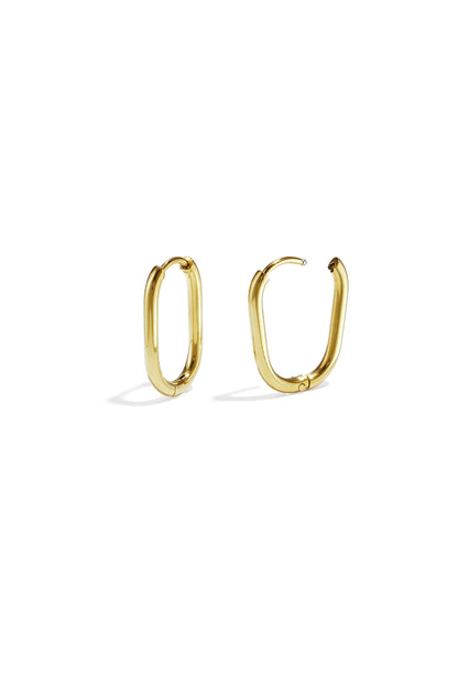 Pair of polished gold oval hoop earrings with snap closure on white background