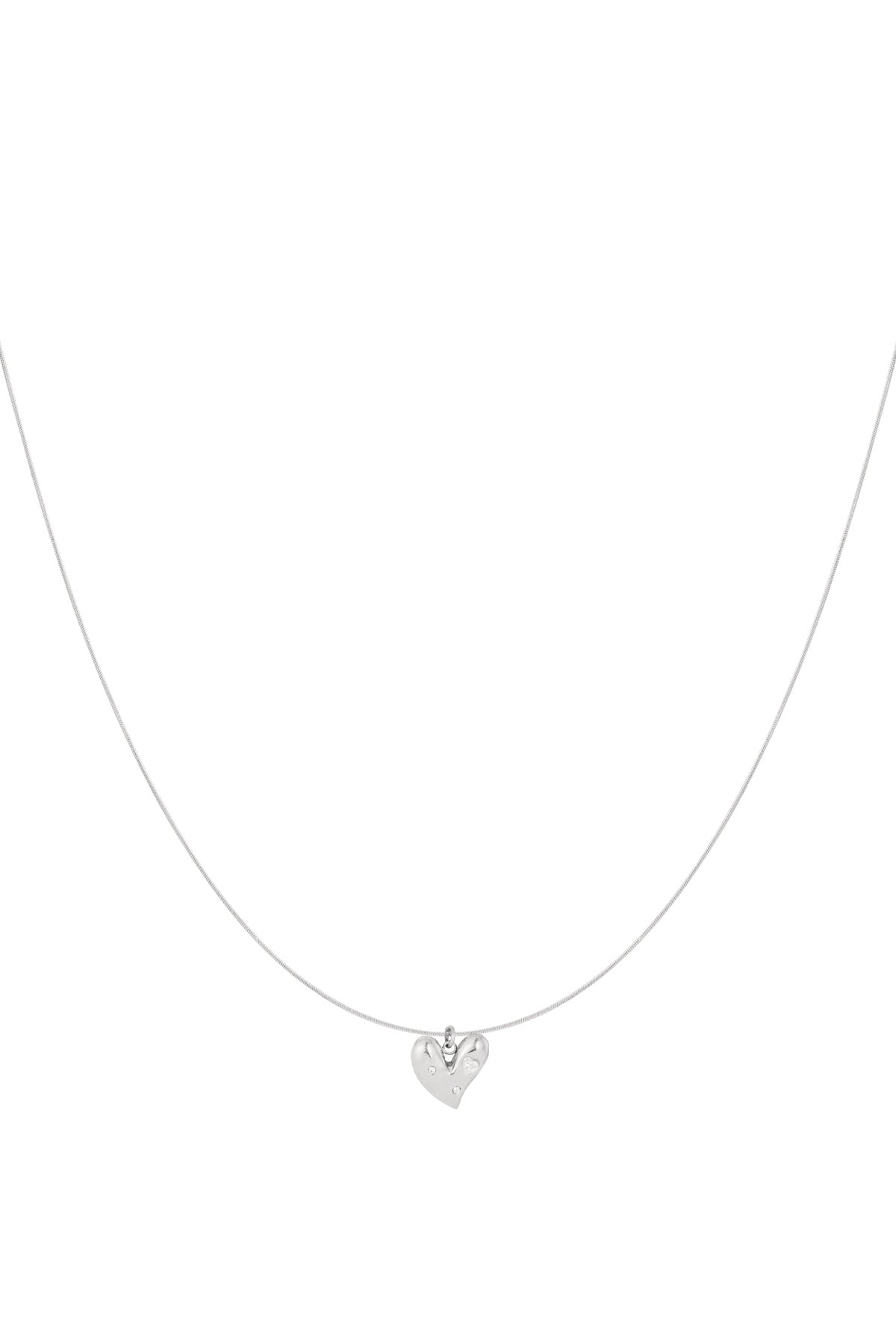 Minimalist silver heart pendant necklace with rhinestones on thin chain isolated on white background