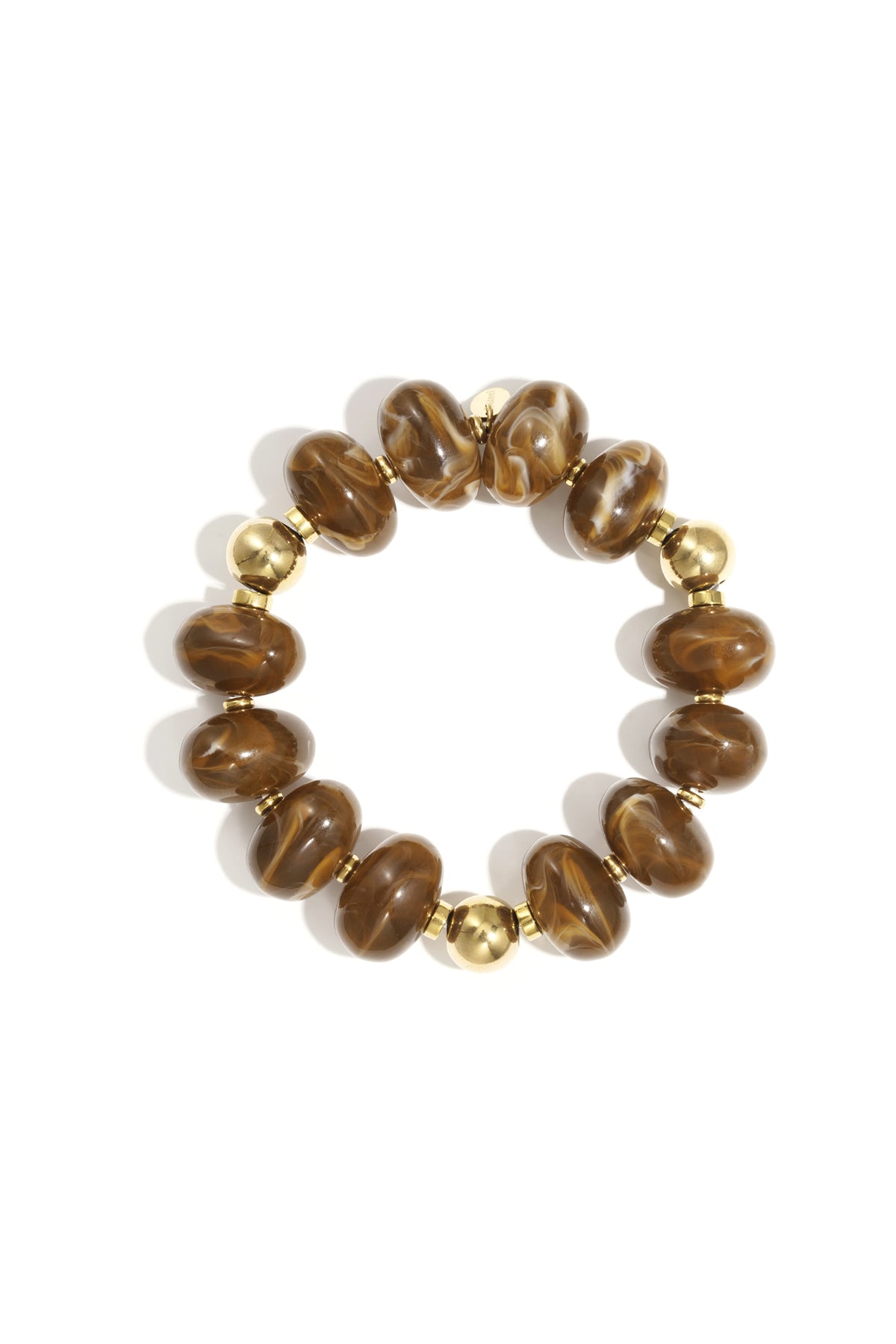Brown marbled resin beaded bracelet with gold beads on white background