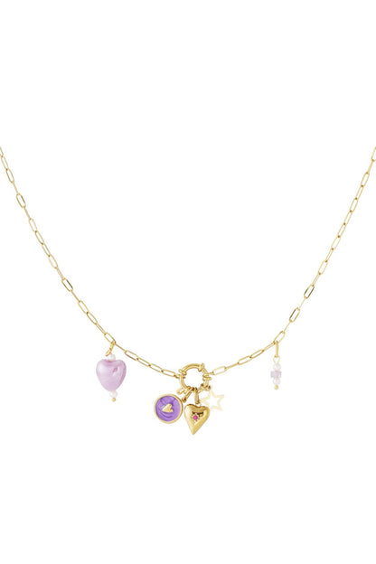 Gold link chain necklace with Y2K-style charms: a purple heart, star, and gold heart pendant on a central ring.