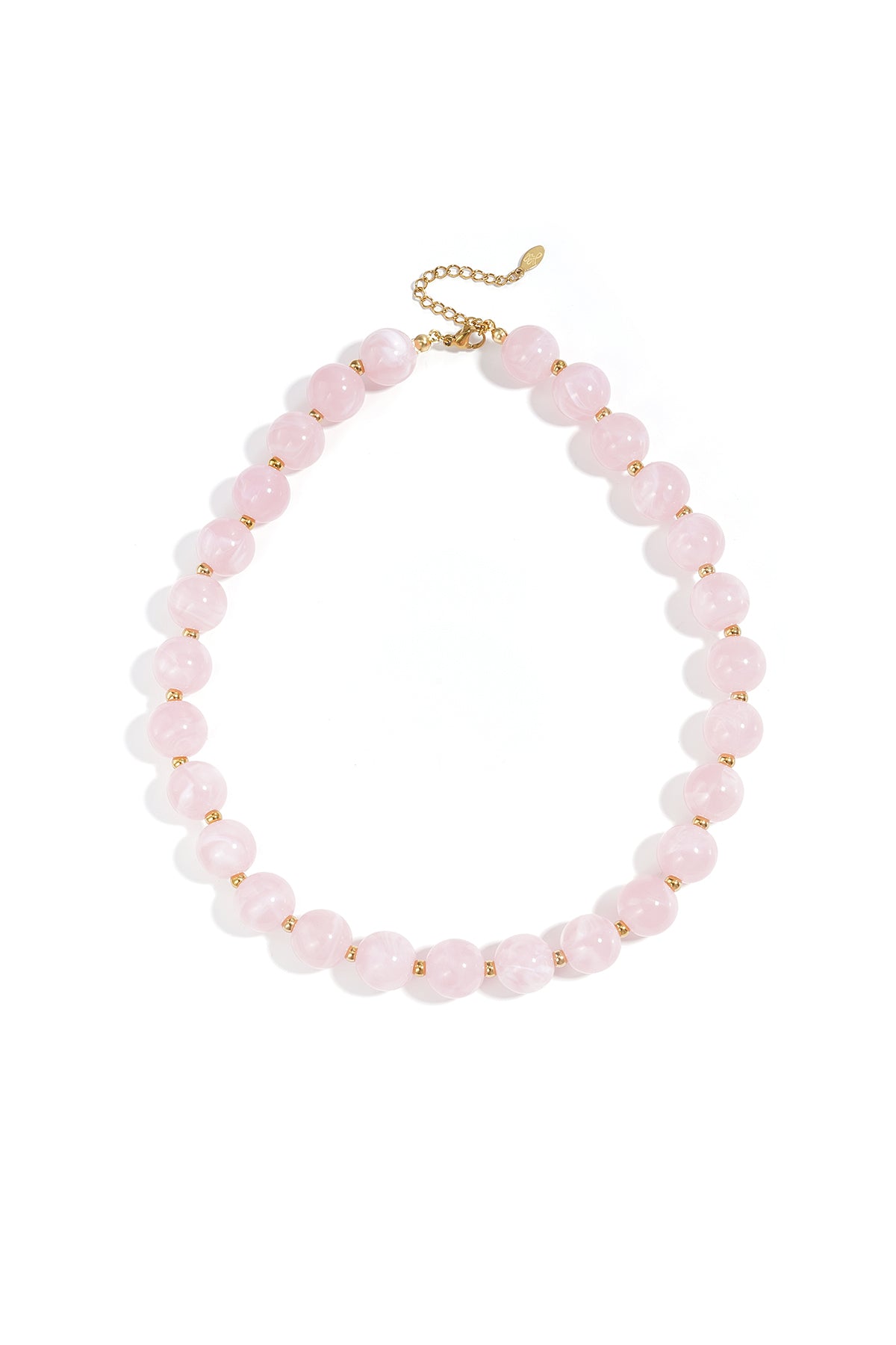 Light pink marbled beaded necklace featuring round beads separated by small gold-tone spacers on a gold chain.