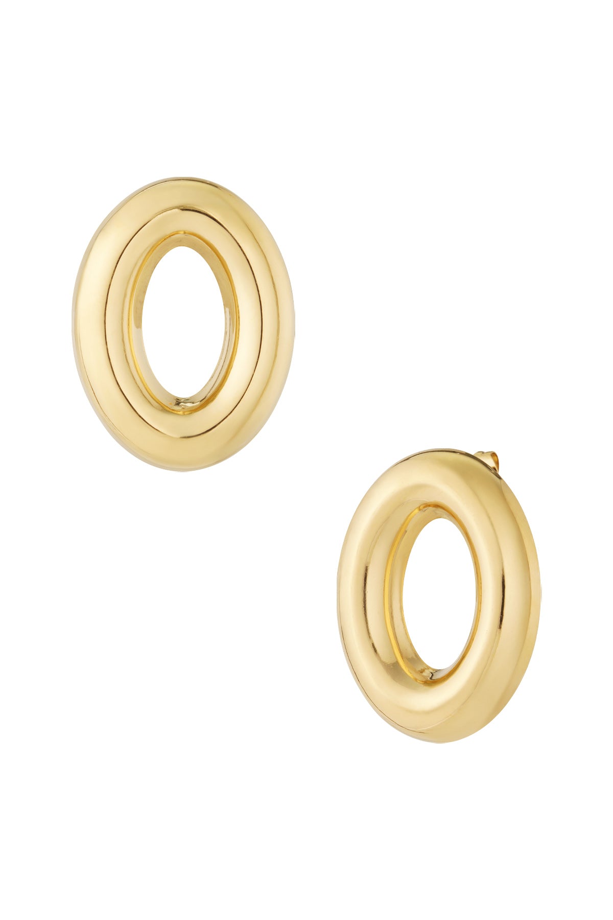 Pair of polished gold open circle hollow stud earrings isolated on white background