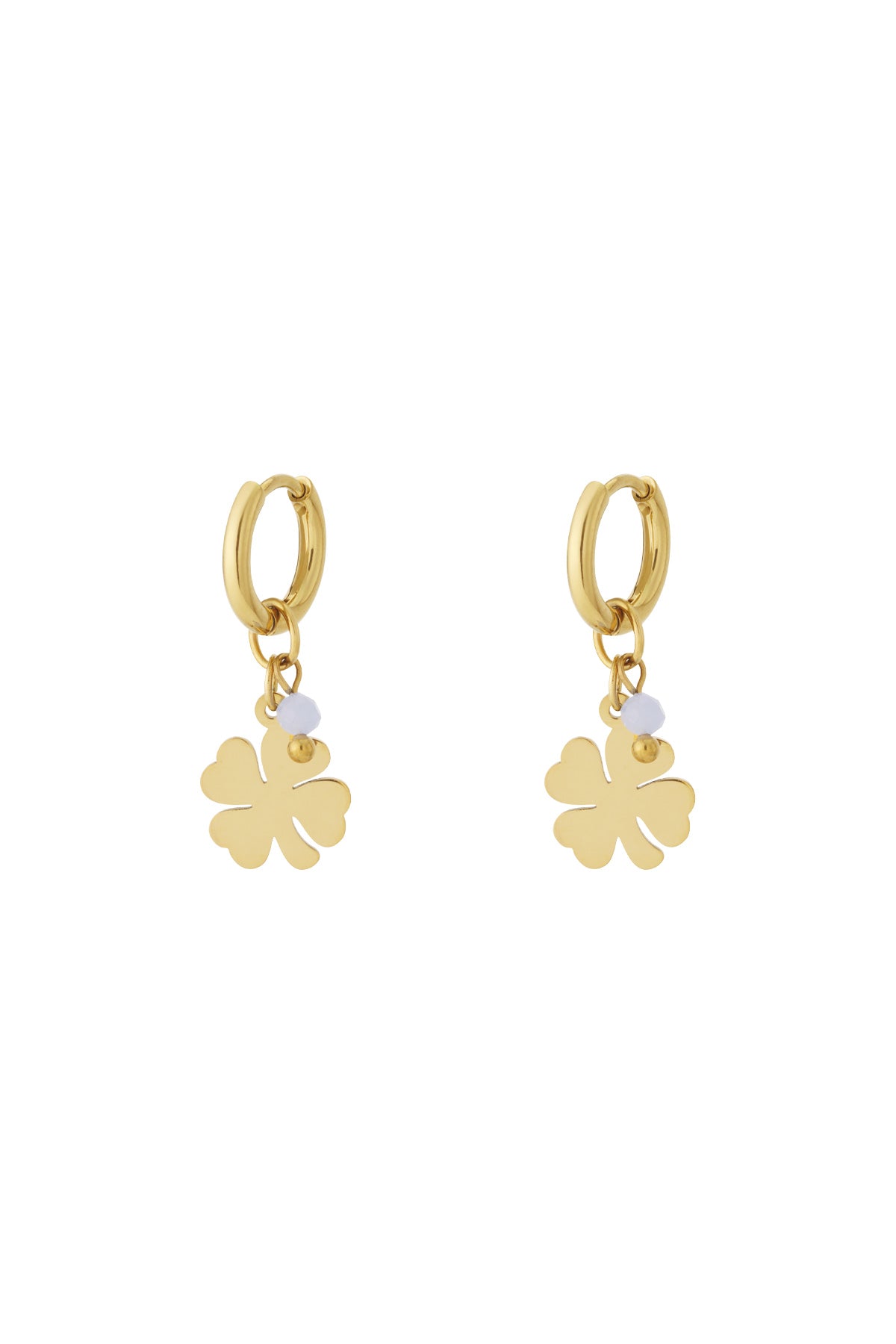 Pair of gold-plated drop earrings featuring four-leaf clover charm with white bead accent on white background