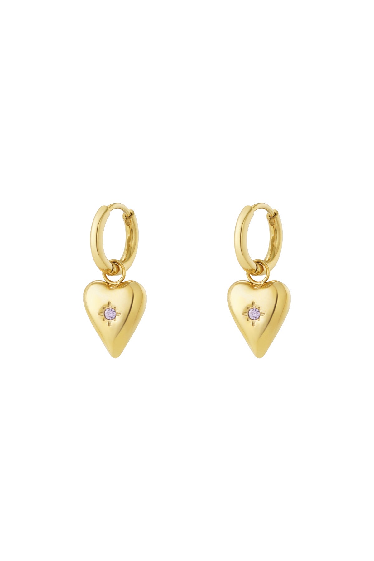 Gold-plated heart charm earrings with lilac birthstone centre on hoop backings
