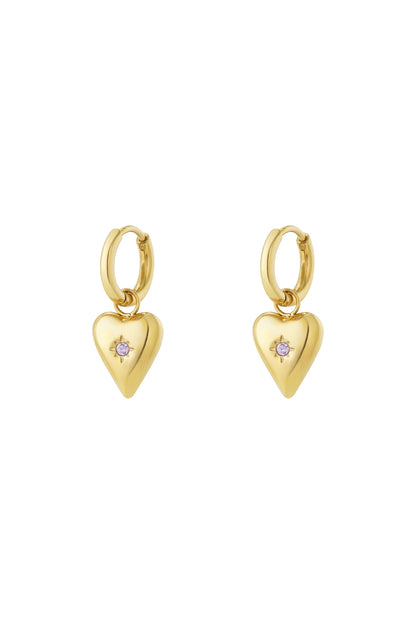 Gold-plated heart charm earrings with lilac birthstone centre on hoop backings