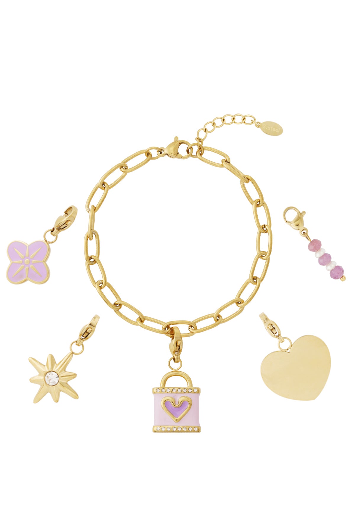 Gold charm bracelet with detachable charms displayed flat showing flower, star, pastel lock, heart, and bead charm