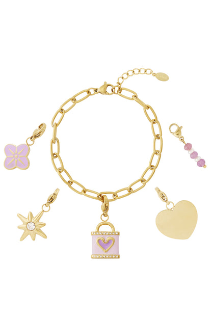 Gold charm bracelet with detachable charms displayed flat showing flower, star, pastel lock, heart, and bead charm