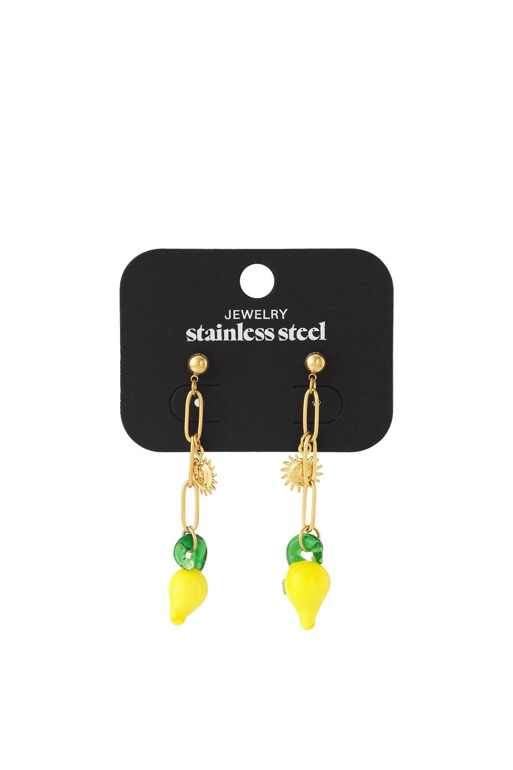 Sun Lemon Drops gold-tone stainless steel drop earrings featuring sun charms and dangling yellow lemon and green leaf beads.