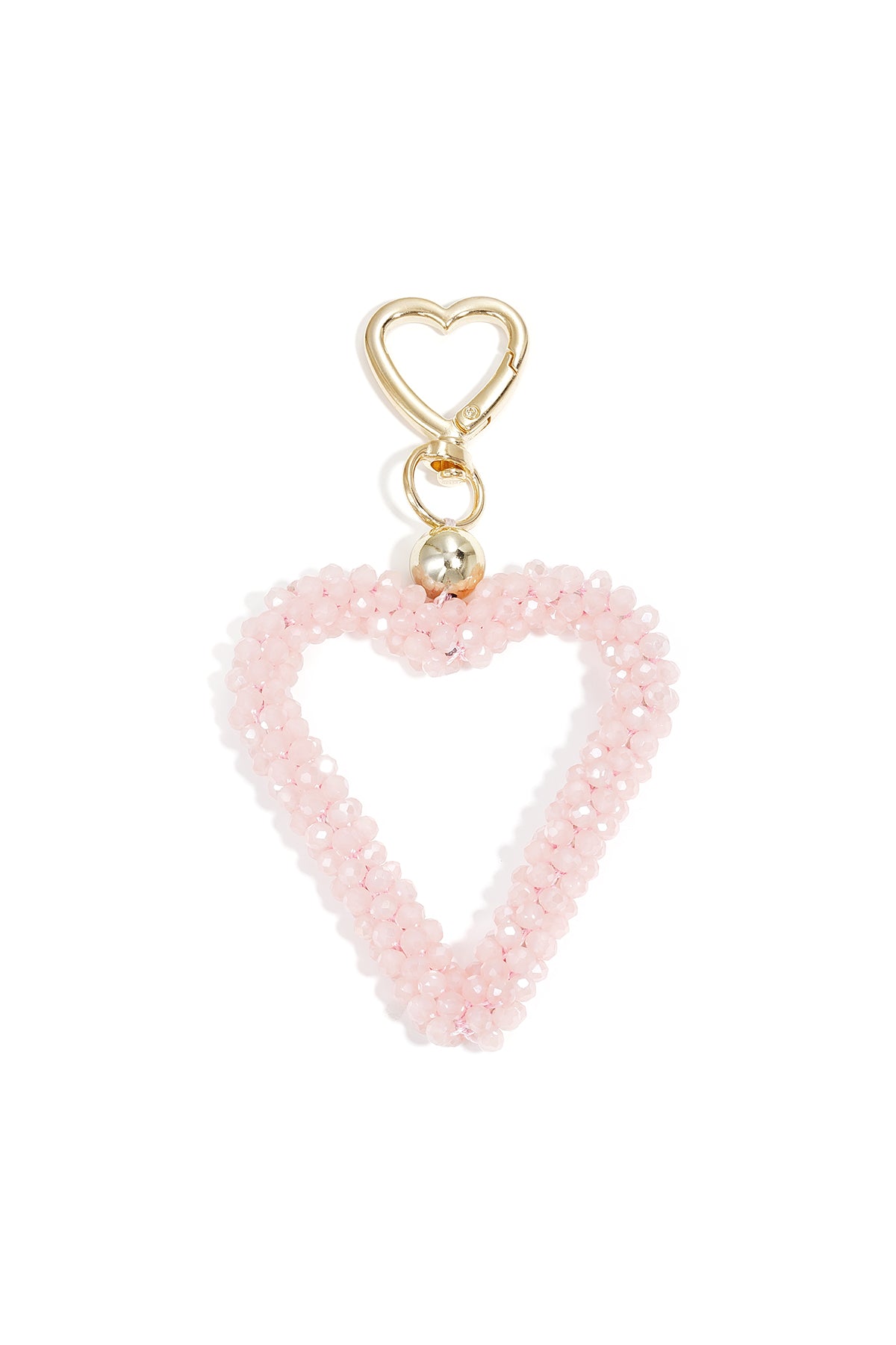 Light pink beaded heart keychain with gold hardware on white background
