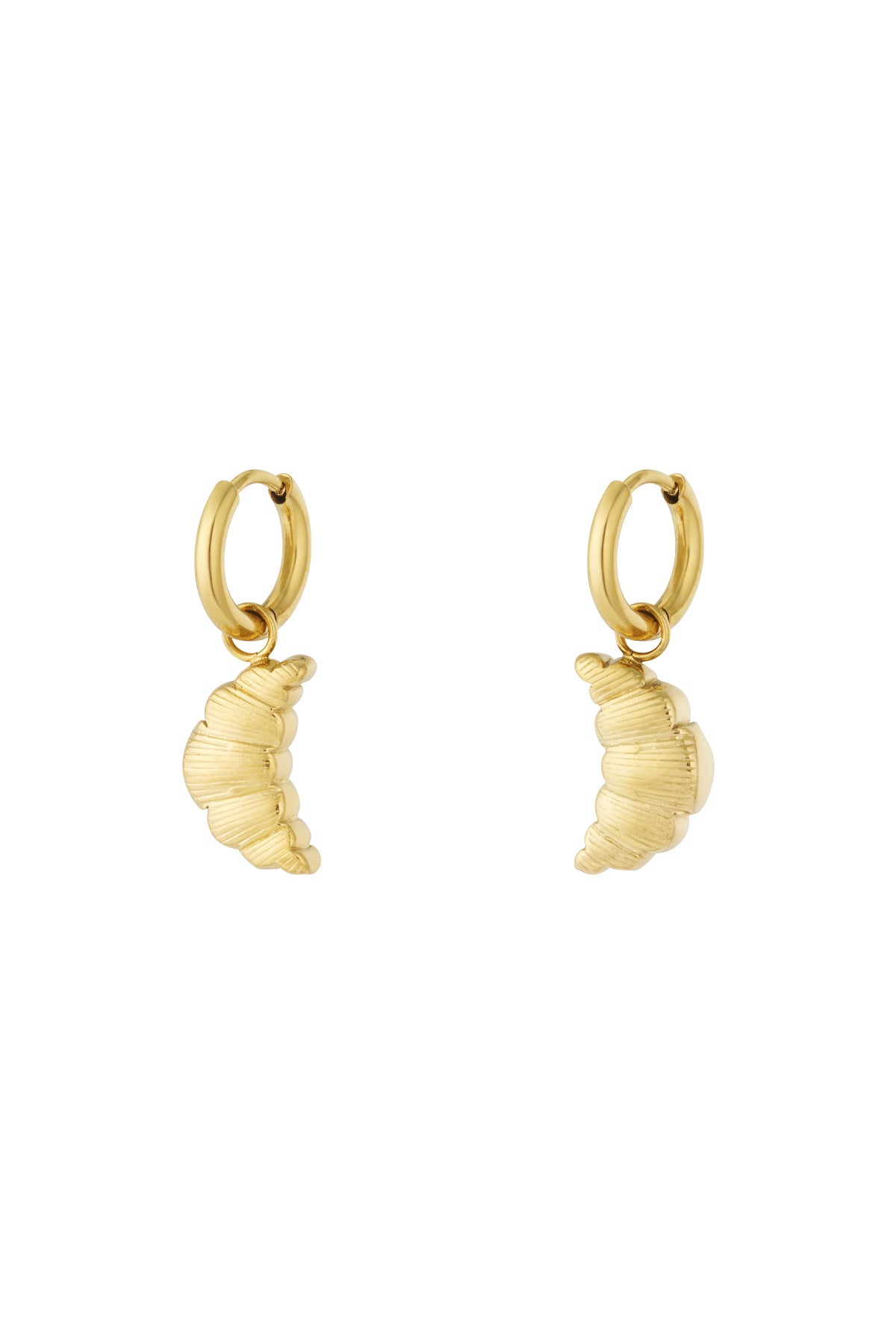 Pair of gold-colored hoop earrings featuring croissant-shaped charms on white background