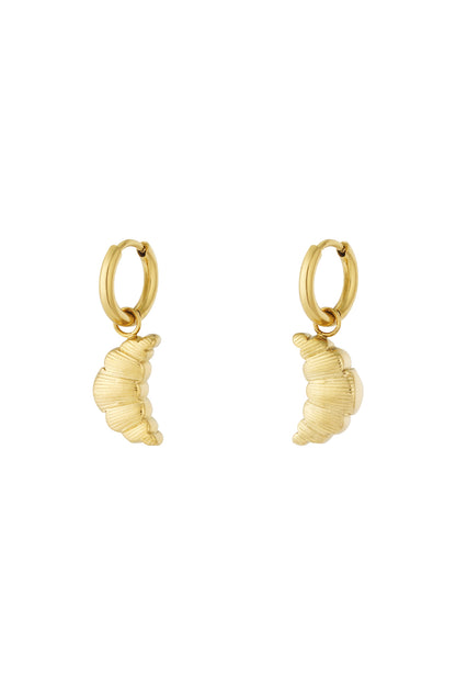 Pair of gold-colored hoop earrings featuring croissant-shaped charms on white background