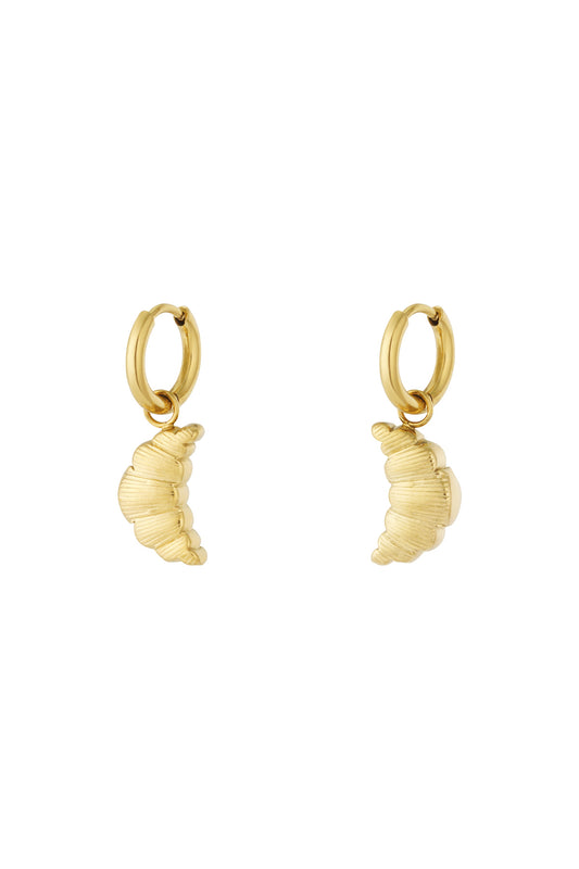 Pair of gold-colored hoop earrings featuring croissant-shaped charms on white background