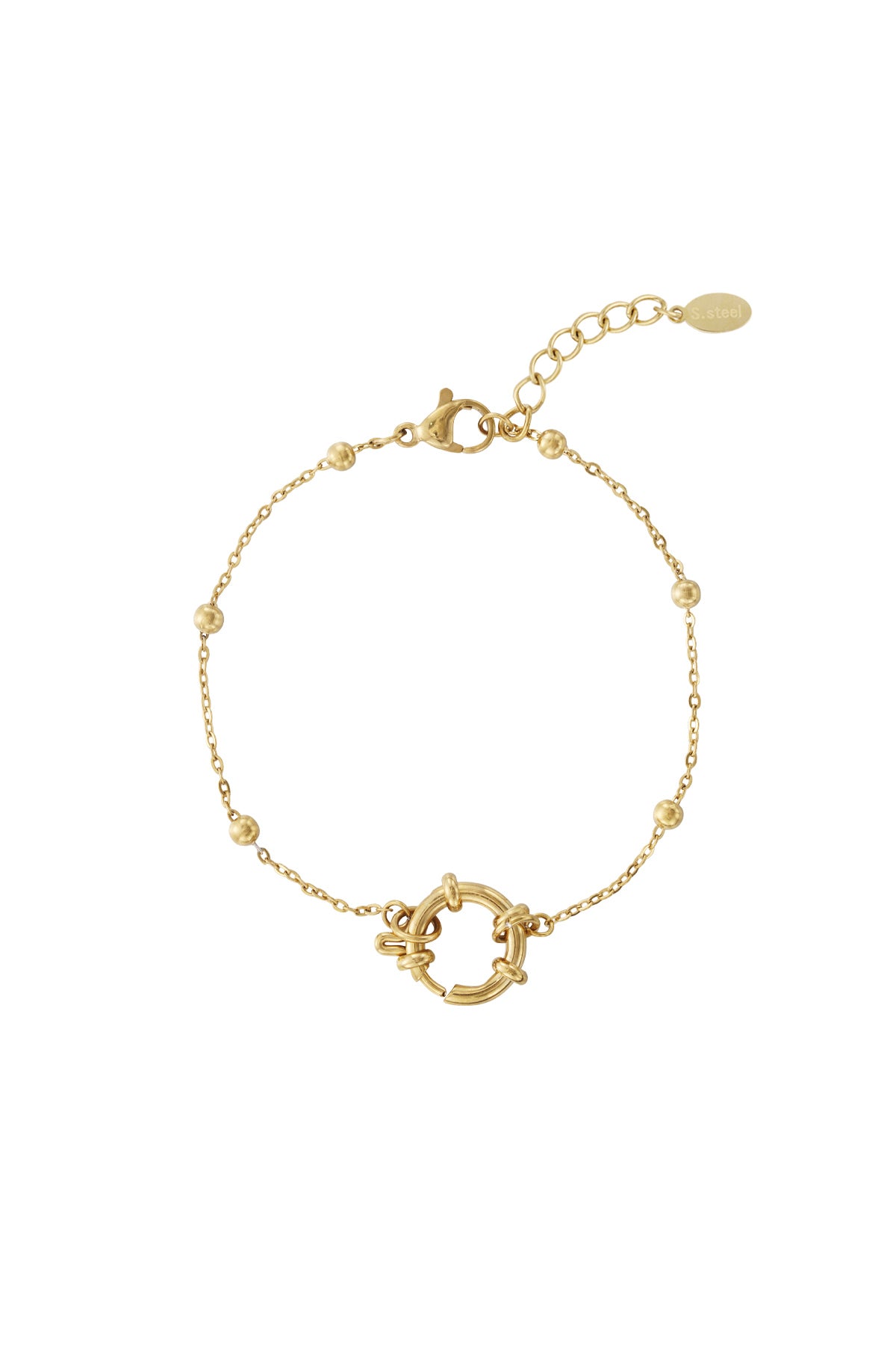 Gold-toned minimalist beaded bracelet with circular toggle clasp and small polished beads on a white background