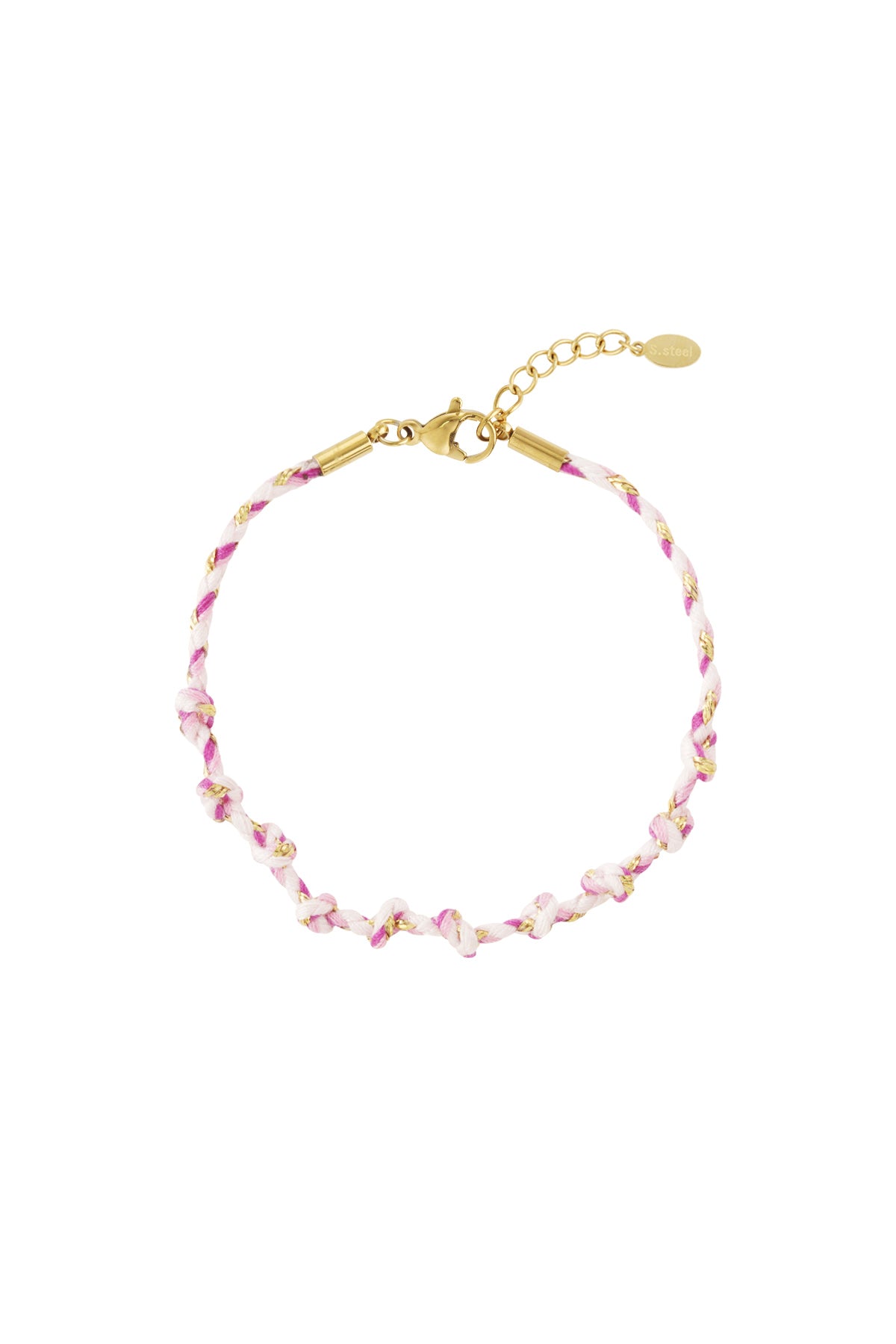 Pink and white braided cotton bracelet with metallic gold thread and adjustable lobster clasp on white background.