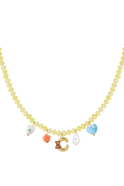 Gradient green and pink beaded necklace with a gold letter D pendant adorned with a pink heart charm