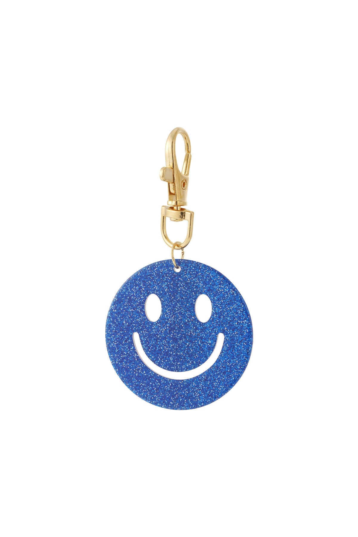 Close-up of a deep blue glitter smiley face keychain with gold clasp clipped against a white background