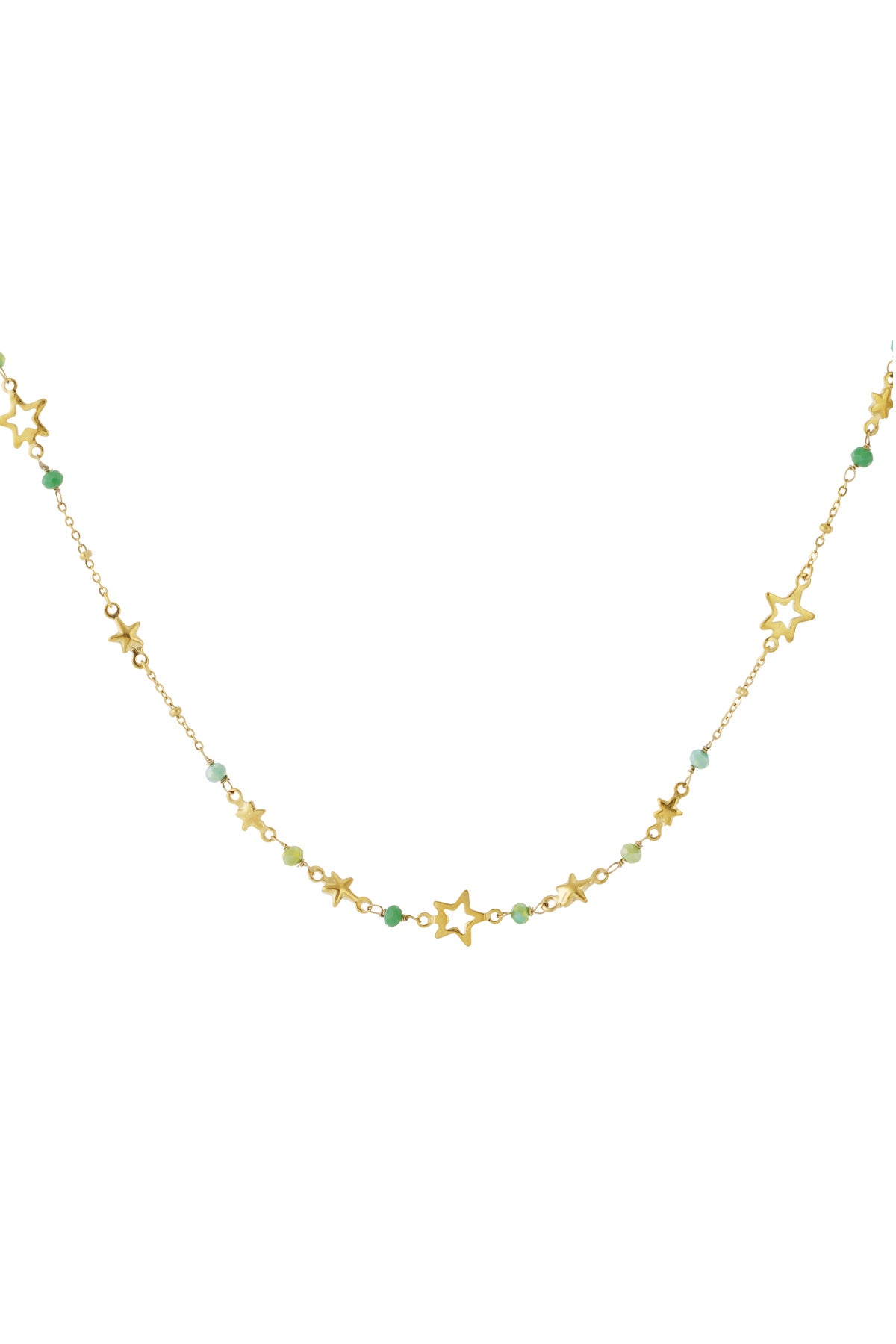 Close-up of gold-toned star charm necklace adorned with alternating green and white beads on a plain white background