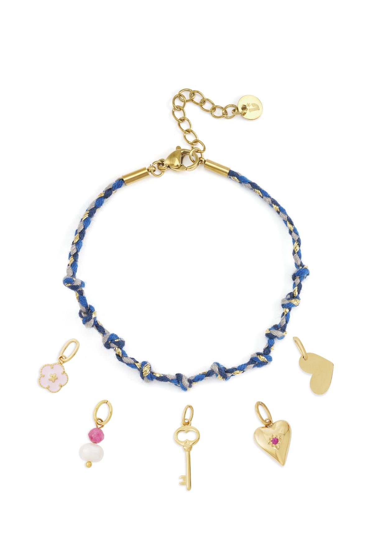 Cotton braided chain bracelet with gold lobster clasp and assorted gold charms including heart, flower, key, and beads on white background.