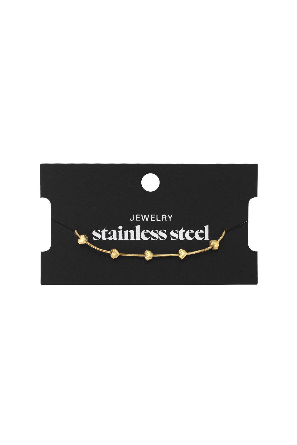 Gold-tone stainless steel bangle featuring delicate heart charms on a thin chain, displayed on black packaging.