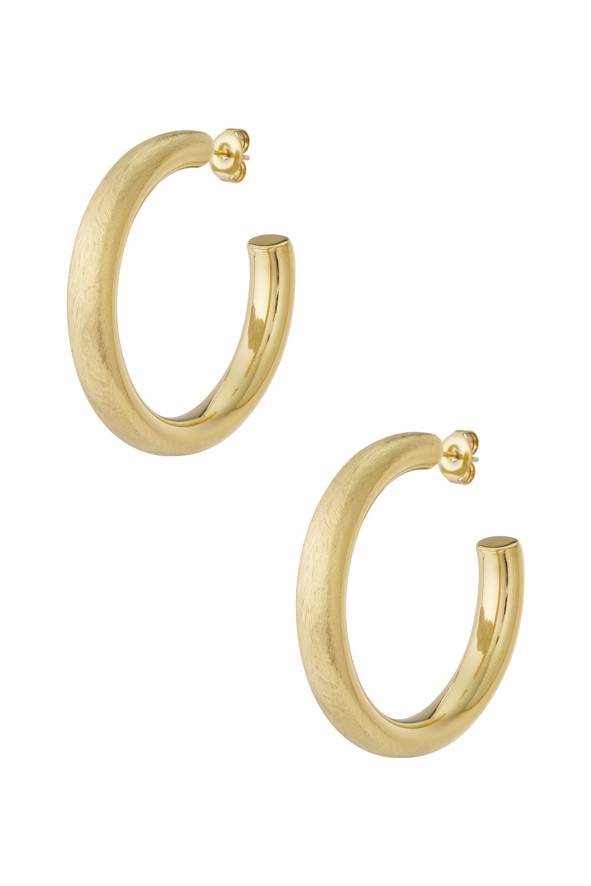 Pair of chunky gold hoop earrings with half matte and half polished finish displayed on white background