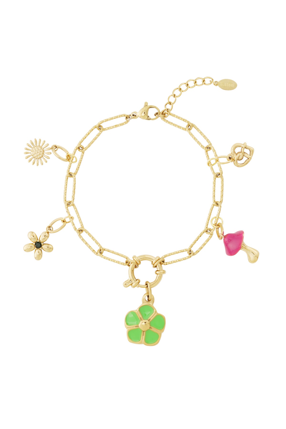Adjusted view of gold charm bracelet with colorful flower, heart, and mushroom charms arranged around the chain on a white background