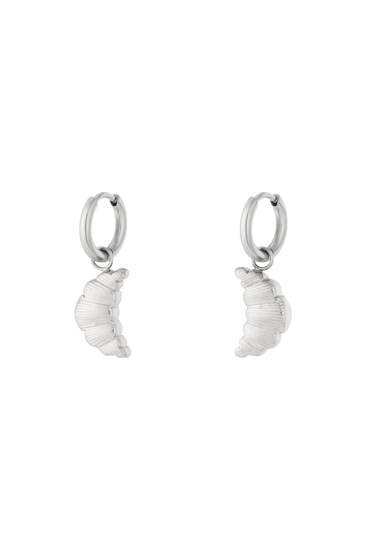 Pair of silver-colored hoop earrings featuring croissant-shaped charms on white background