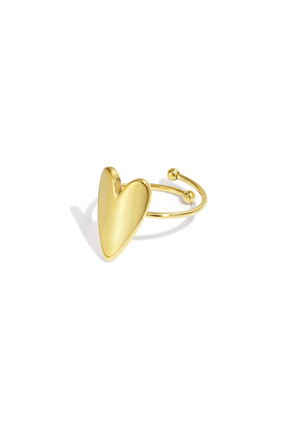 Close-up of a polished gold adjustable heart ring with an open band and bead details on a white background