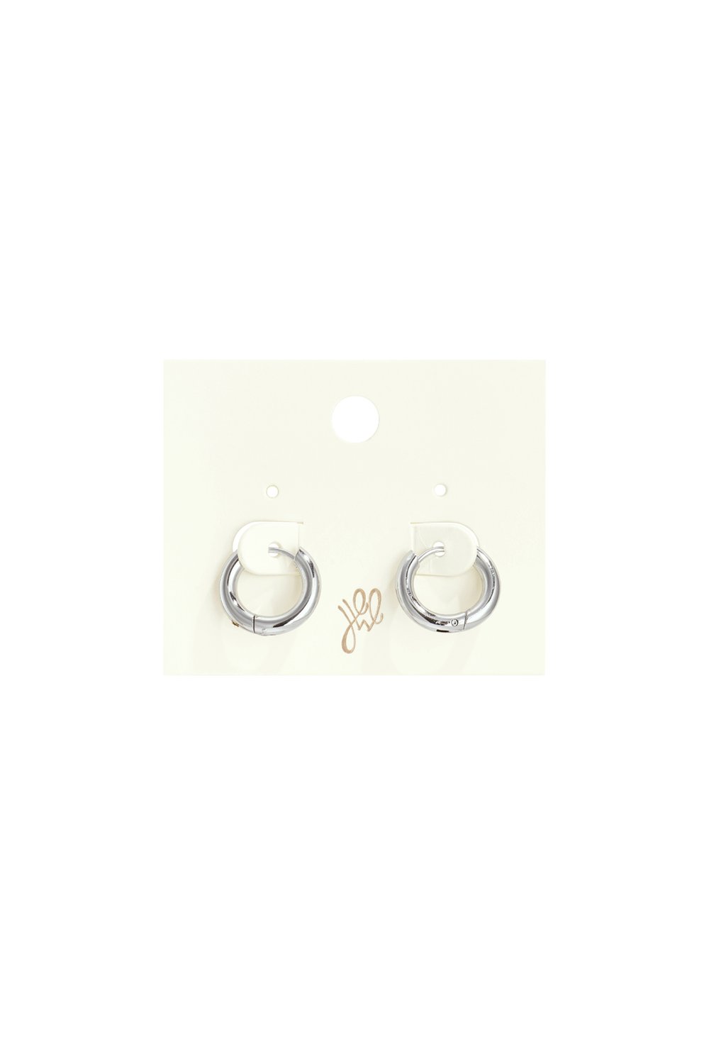 Small, silver Puffy Cloud Hoops earrings with a thick, rounded, polished finish on a white retail display card.