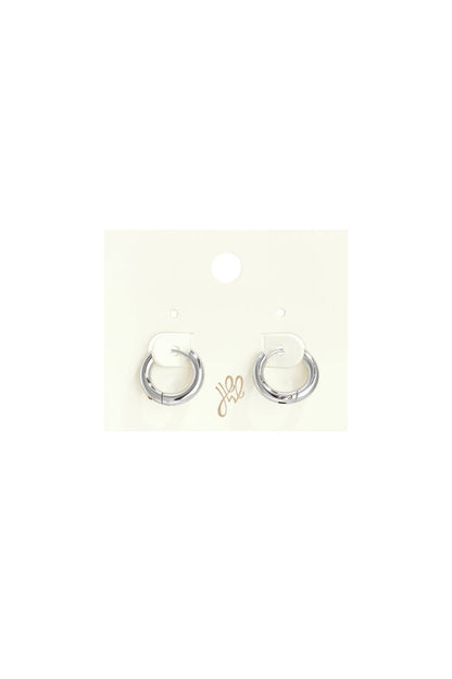 Small, silver Puffy Cloud Hoops earrings with a thick, rounded, polished finish on a white retail display card.