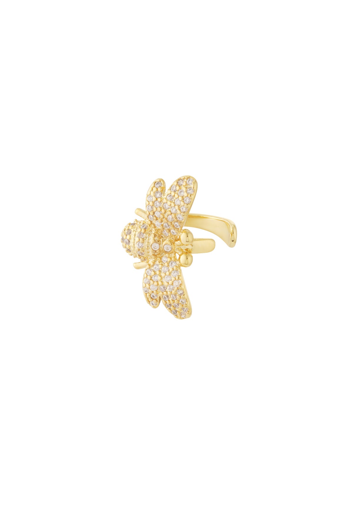 Close-up image of a gold ear cuff shaped like a bee embellished with sparkling zircon crystals