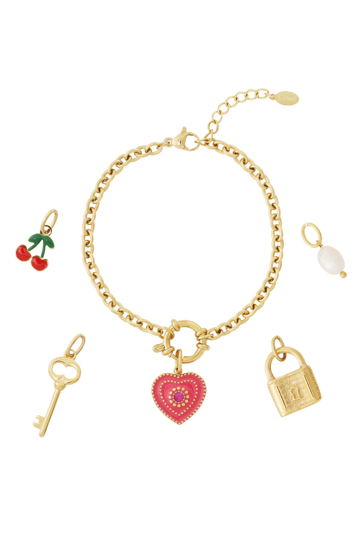 Gold charm bracelet with detachable cherry, heart, key, pearl, and lock charms laid out around it
