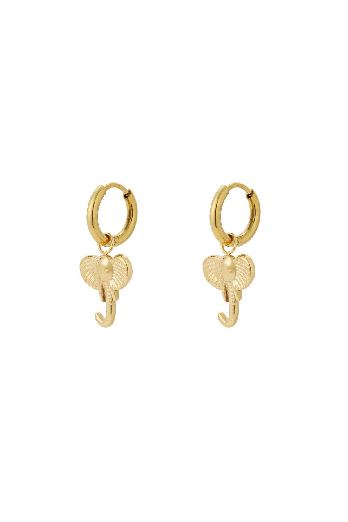Pair of gold plated hoop earrings with dangling elephant head charms on white background