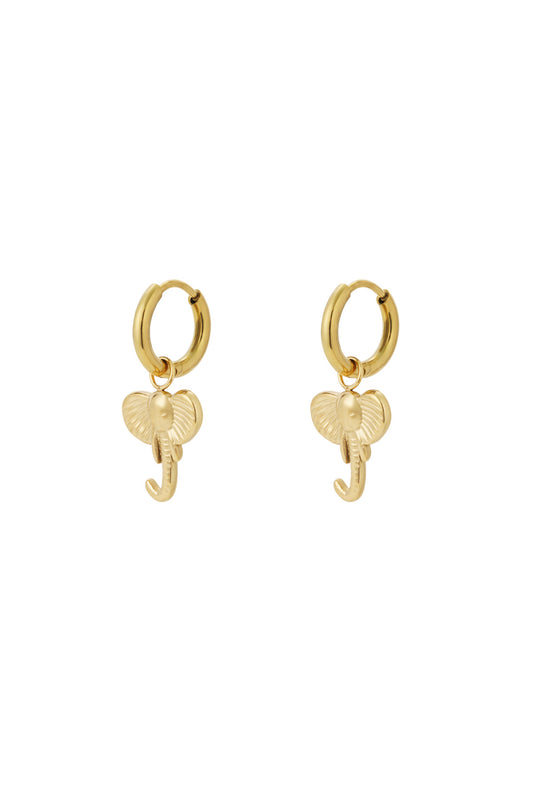 Pair of gold plated hoop earrings with dangling elephant head charms on white background
