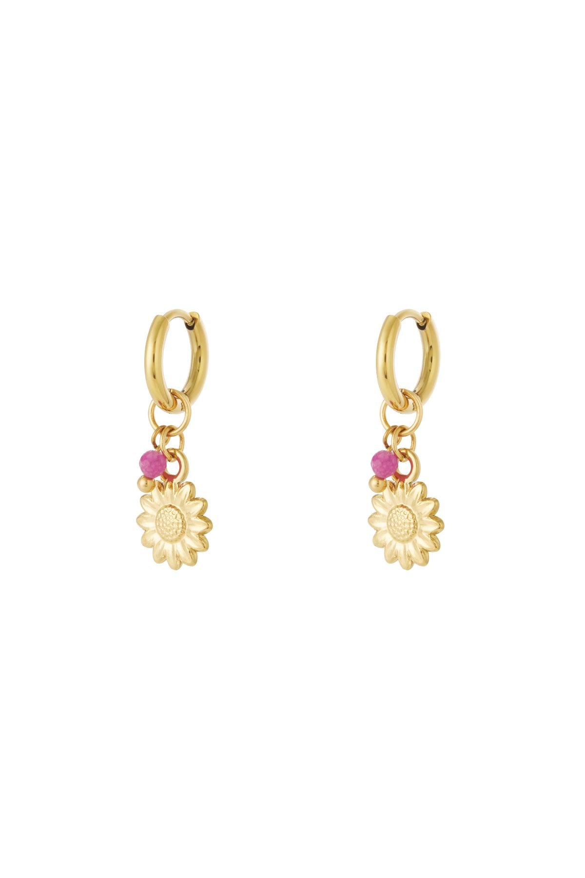 Pair of gold hoop earrings with sunflower charm and small pink bead accents displayed on white background