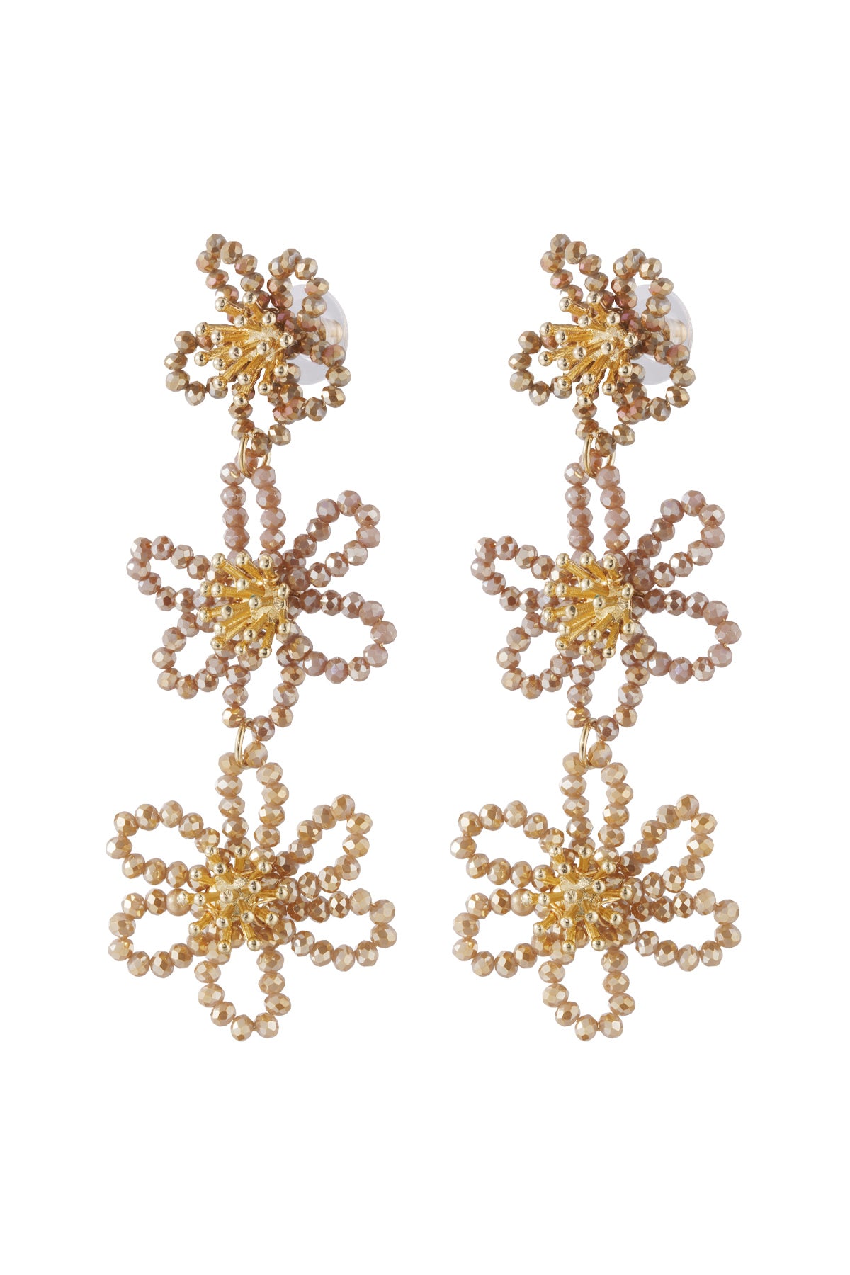 Front view of light brown floral beaded dangle earrings with gold tone centers