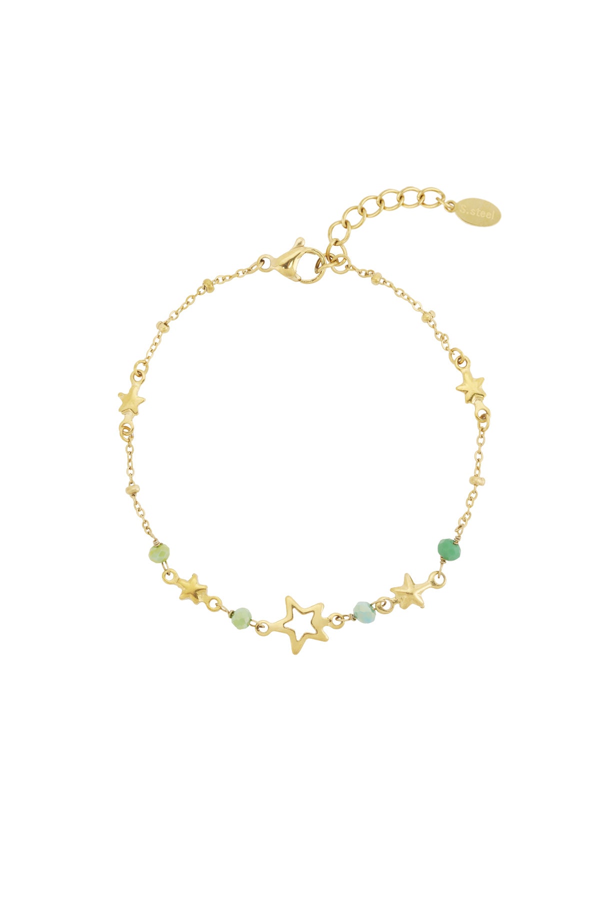 Gold star charm bracelet with green and blue beads laid flat showing lobster clasp and extender chain