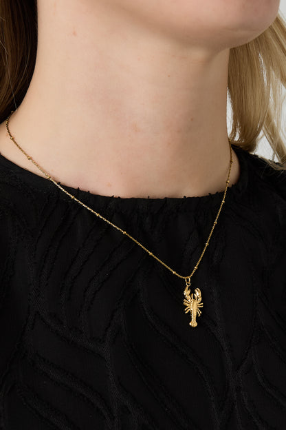 Close-up of woman wearing gold lobster pendant necklace with black textured top