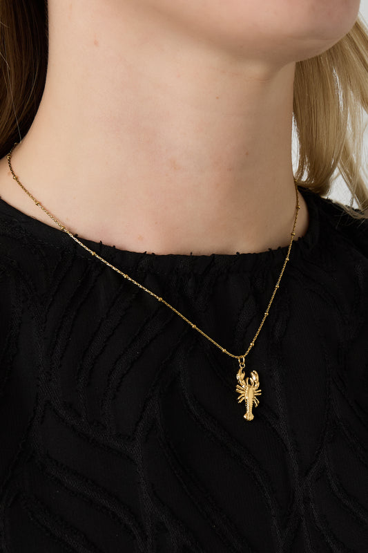 Close-up of woman wearing gold lobster pendant necklace with black textured top