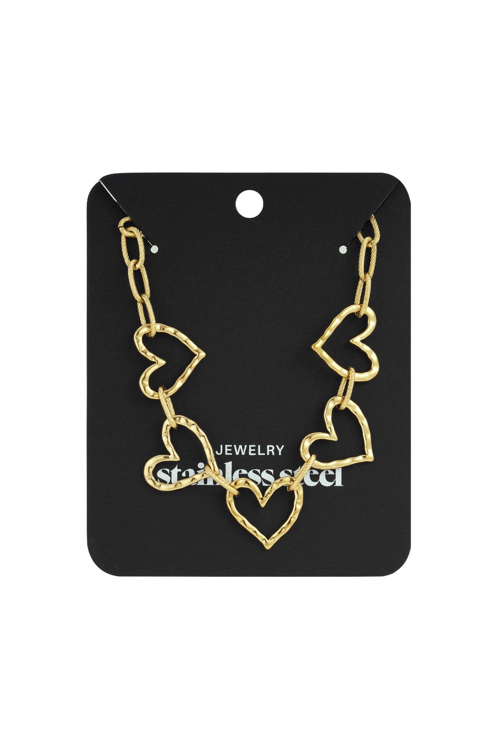 Gold-tone stainless steel heart-link chain necklace on a black display card.